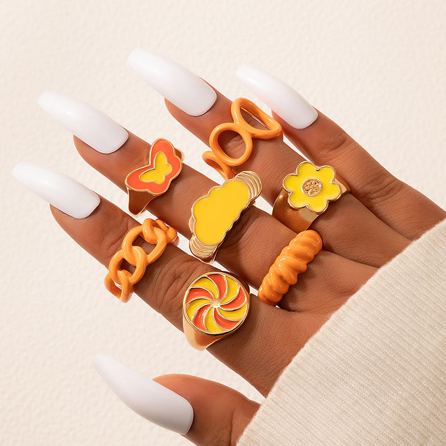 Wholesale Fashion Set of 7 Painted Geometric Open Orange Drip Rings