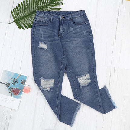Wholesale Women's Washed Cropped Pants Raw Edge High Waist Ripped Jeans