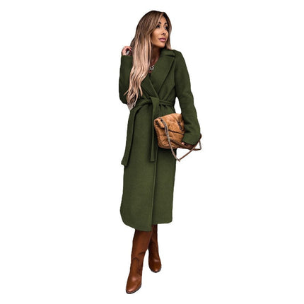 Wholesale Ladies Fall/Winter Lapel Long-sleeved Simple Strappy Windbreaker Woolen Coat