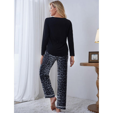 Damen Loungewear V-Ausschnitt, langärmliger Leopardenhosen-Pyjama