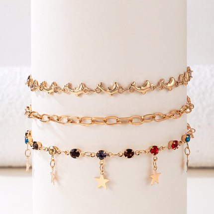 Star Tassel Rhinestone Dolphin Chain Three Layer Anklet Set