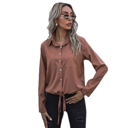 Wholesale Women's Autumn Lapel Solid Color Long Sleeve Cardigan Shirt