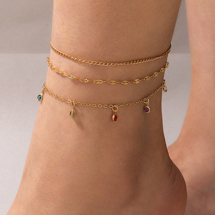 Colorful Rhinestone Tassel Three-Piece Anklet Set