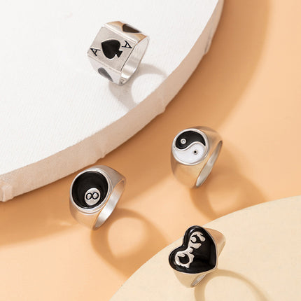 Peach Heart Drip Oil Ring Set aus vier schwarzen und weißen Tai Chi Ringen