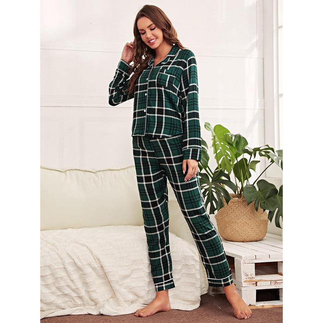 Conjunto de pijama con top de manga larga y cárdigan a cuadros de Loungewear