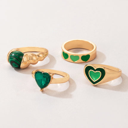 Wholesale Love Drip Oil Imitation Emerald Heart Ring Four Pieces