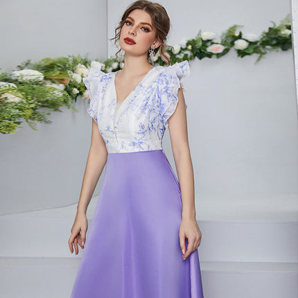Sommer Sexy Kleid mit V-Ausschnitt und Blütenblattärmeln und hoher Taille
