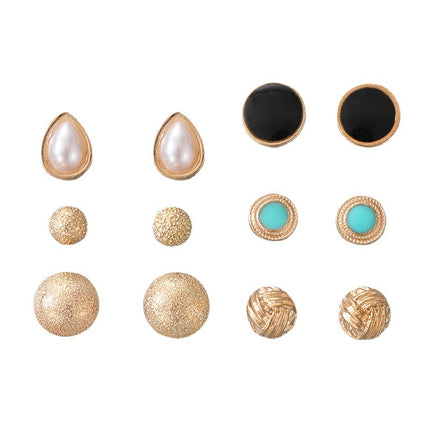 Pearl Inlaid Alloy Geometric Black Drip Oil Stud Earrings Set of Five