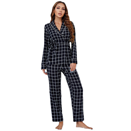Pyjama Plaid Langarm Tiefer V-Ausschnitt Homewear Zweiteiliges Set