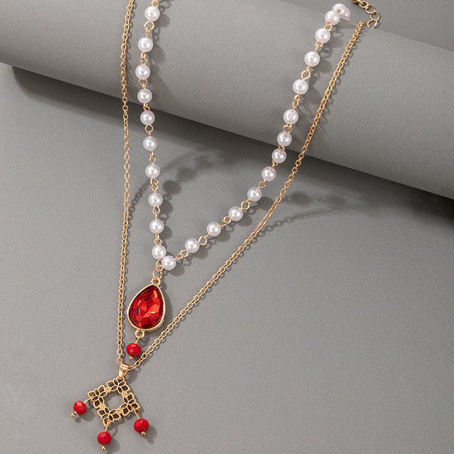 Wholesale Fashion Pearl Rhinestone Double Layer Necklace
