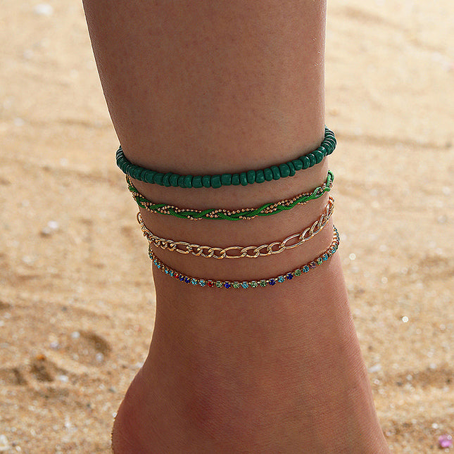 Green Beaded Braided Colorful Rhinestone Four-Tier Anklet