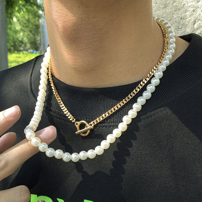 Imitation Pearl Men's Necklace Metal Otto Buckle Chain Choker