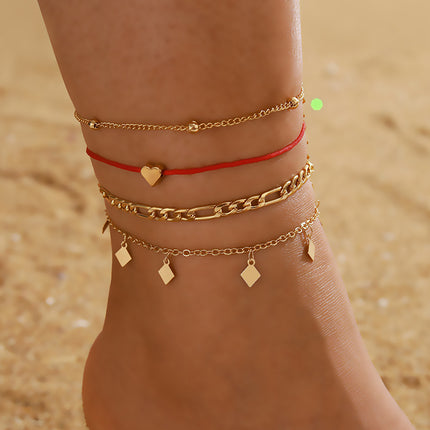 Heart String Rhombus Tassel Four Layer Anklet Set