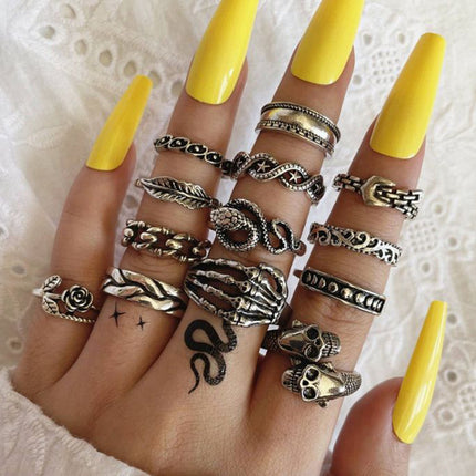 Ladies Ring Set Thirteen Piece Skull Hand Bone Snake Flower Leaf Ring