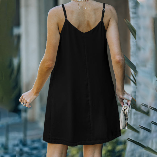 Mini vestido de mujer suelto de un solo pecho de color sólido con cuello en V