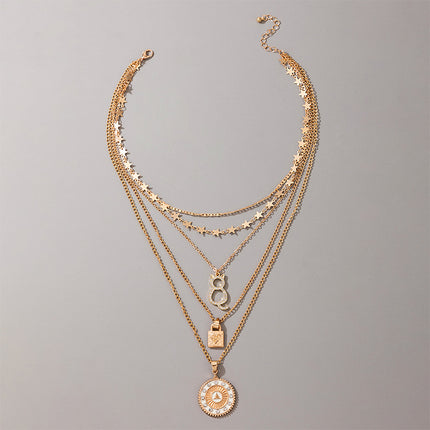 Cat Hollow Lock Star Disc Five-Layer Necklace