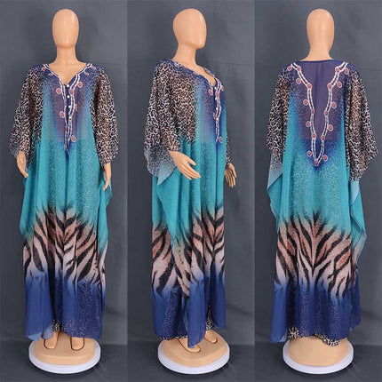 Wholesale African Women's Chiffon Printed Abaya Suspender Dress Two Piece Set