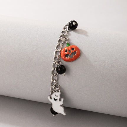 Tobillera con cuentas de cadena con cara de fantasma de gato y calabaza con goteo de Halloween