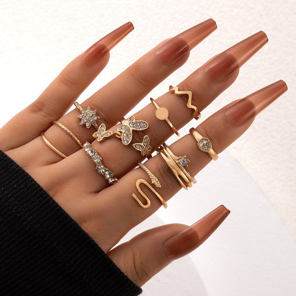 Butterfly Set Rhinestone Snake Nine-Piece Open Ring Set