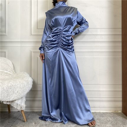 Satin High Neck Elastic Pleated Waist Fashion Long Dress