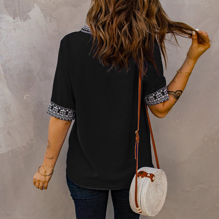 Wholesale Women's Half Sleeve V Neck Embroidered Lace Casual Shirt