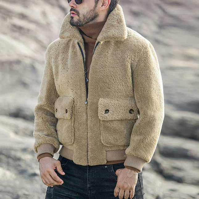 Chaqueta de lana Sherpa de invierno para hombre, chaqueta de felpa gruesa con cremallera y solapa