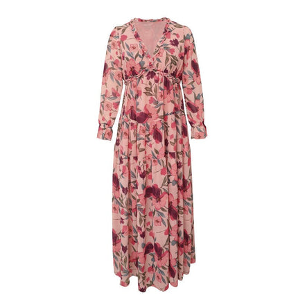 Wholesale Women's V-Neck Ruffle Puff Sleeve Floral Dress