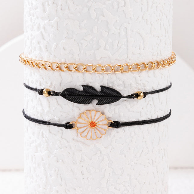 Drip Daisy Black Feather Braided Rope Triple Layer Anklet