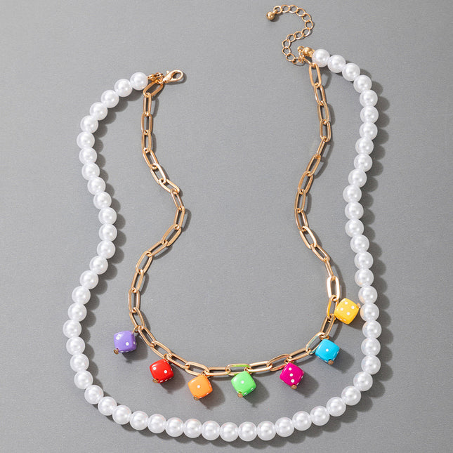 Wholesale Fashion Colorful Resin Dice Pearl Beaded Two-Tier Necklace