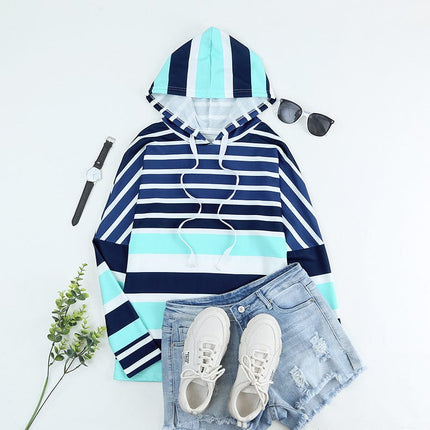 Women's Contrast Color Striped Print Hooded Long Sleeve Top