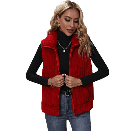 Wholesale Women's Lapel Collar Zipper Reversible Fleece Casual Vest