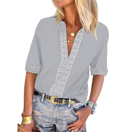 Wholesale Women's Half Sleeve V Neck Embroidered Lace Casual Shirt