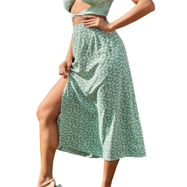 Falda de cintura media con abertura en la cadera floral a la moda para mujer