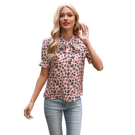 Damen Sommer Floral Kurzarm Pullover Chiffon Shirt Top