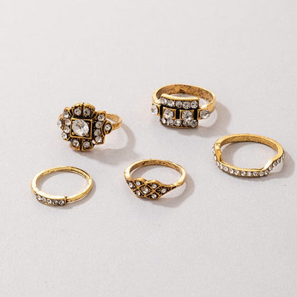 Vintage Alloy Rhinestone Geometric Flower Combination Ring Five Pieces