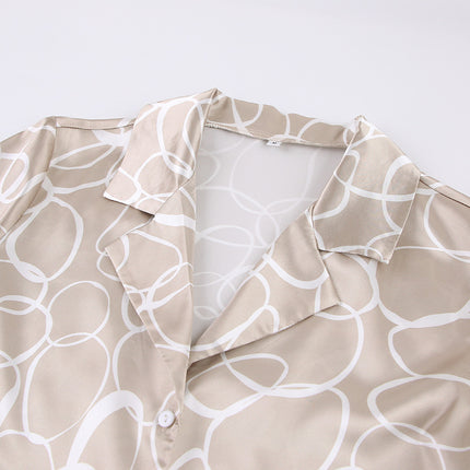 Wholesale Ladies Ice Silk Satin Casual Print Loose Shirt Pants Two Piece Set