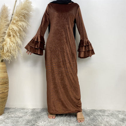 Dicke Pleuche-Trompetenärmel, einfarbiges, glänzendes Kleid Abaya