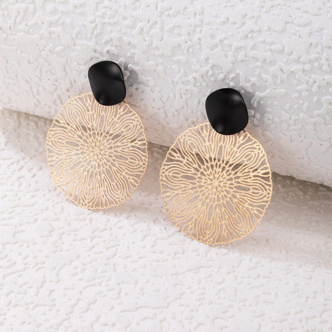 Circle Geometric Open Carved Gold Large Earrings