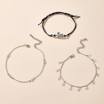 Star Tassel Cord Woven Turtle Three-Piece Anklet Set