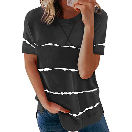 Lockeres Kurzarm-T-Shirt mit Rundhalsausschnitt und Streifendruck