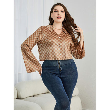 Wholesale Women's Plus Size Check Long Sleeve Shirt Fashion Blouse