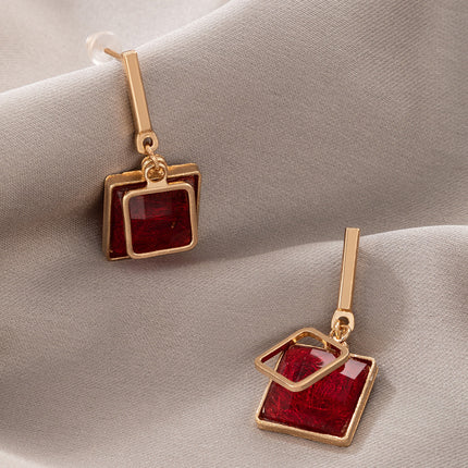 Imitation Ruby Stud Earrings Geometric Square Rhinestone Drop Earrings