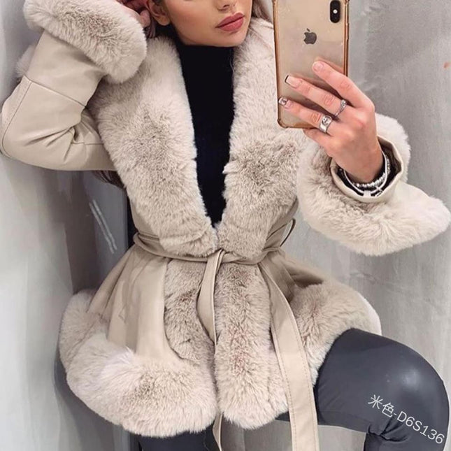 Abrigo cálido con cintura de piel de conejo de imitación para mujer