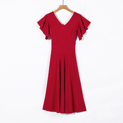 Wholesale Women's Solid Color Ruffle Short Sleeve Sexy V Neck Maxi Dress