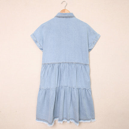 Wholesale Women's Lapel Casual Loose Breasted Short Sleeve Denim Dress