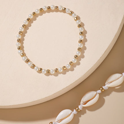 Shell and Pearl Beaded Two-Tier Anklet Set