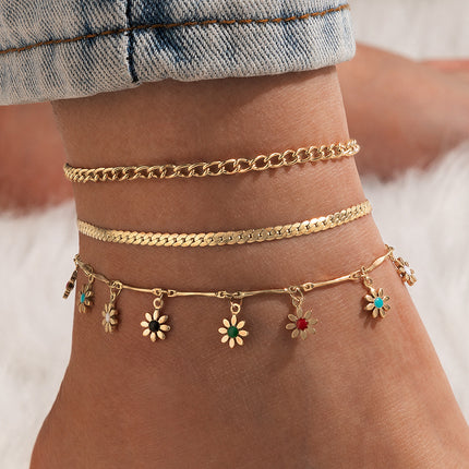 Simple Metal Flower Colorful Rose Pendant Tassel Anklet