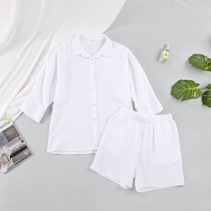 Wholesale Women's Cotton Solid Color Cardigan Shirt Shorts Two Piece Set