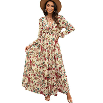 Wholesale Women's V-Neck Ruffle Puff Sleeve Floral Dress