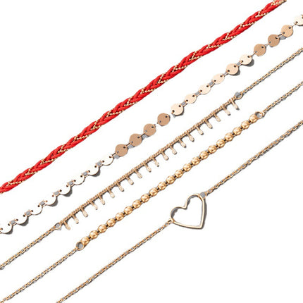 Heart Hollow Woven Multilayer Anklet Geometric Disc Chain Five Layer Anklet